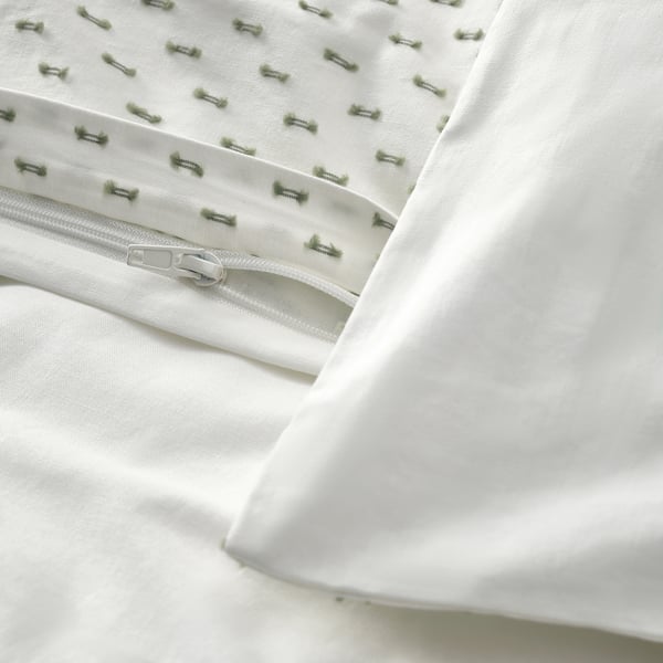 BANDKNIPPE Duvet cover and 2 pillowcases, white/green, 240x220/80x80 cm