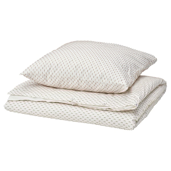 Beige & white BANDKNIPPE duvet set, 100% cotton, neat folds, cozy vibe.