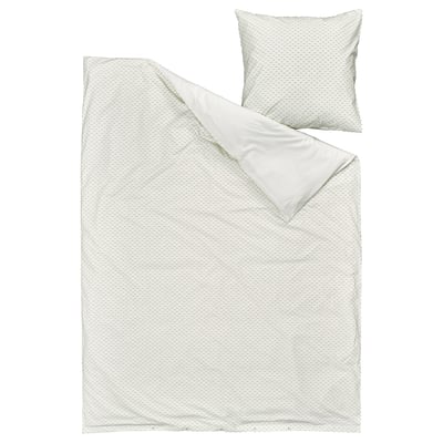 BANDKNIPPE: white cotton duvet + pillowcase set, textured green details, soft, eco-friendly.