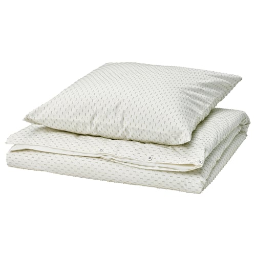 A white BANDKNIPPE duvet cover set with green woven texture, made of 100% cotton.