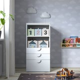 Kids room with cloud theme, storage unit, lights, bookshelf, toy airplane. This version captures the essence while staying under the character limit.