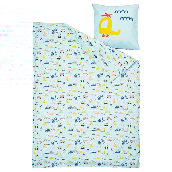 BARNDRÖM bedding set, light blue with cars and planes, cotton, square pillow.