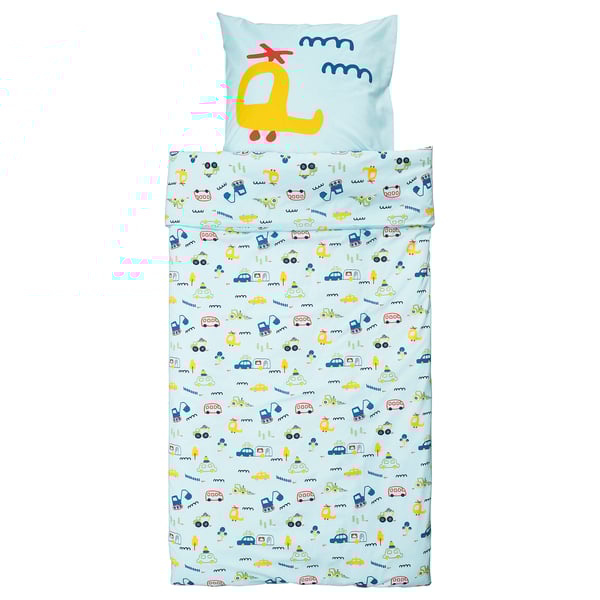 A light blue BARNDRÖM kids duvet cover set made of cotton, featuring playful car prints.