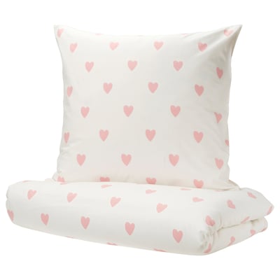 BARNDRÖM Duvet cover and pillowcase, heart pattern white/pink, 140x200/80x80 cm