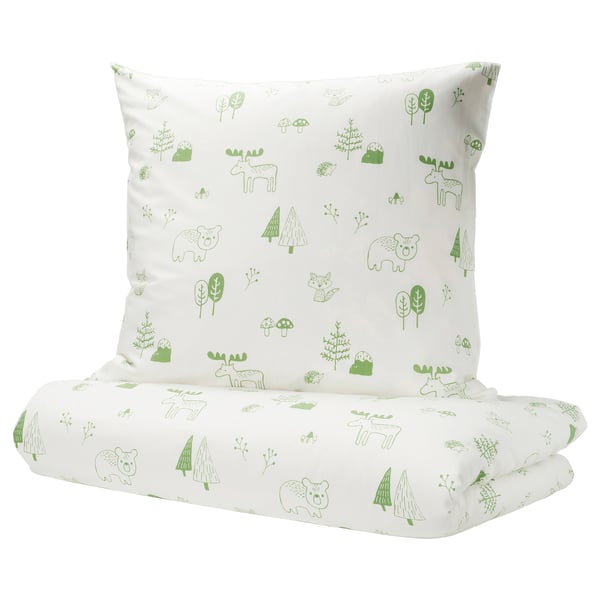 BARNDRÖM Duvet cover and pillowcase, white green/forest, 140x200/80x80 cm