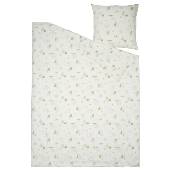 BARNDRÖM Duvet cover and pillowcase, white green/forest, 140x200/80x80 cm
