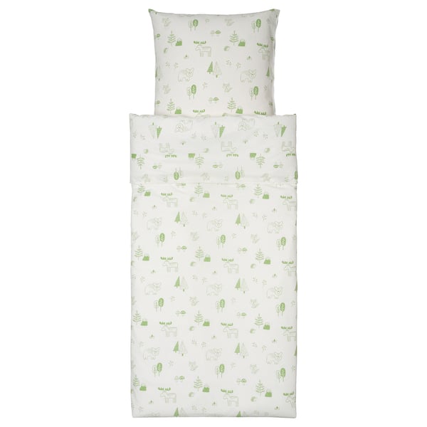 Green forest bedding set, including duvet cover and pillowcase with white and green woodland animal prints.