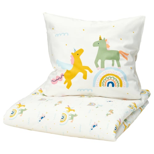 BARNDRÖM: white toddler bedding set, yellow and green unicorns, rainbows, soft cotton.