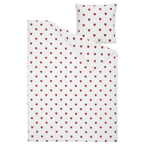 BARNDRÖM Duvet cover and pillowcase, white red/heart pattern flannel, 140x200/80x80 cm