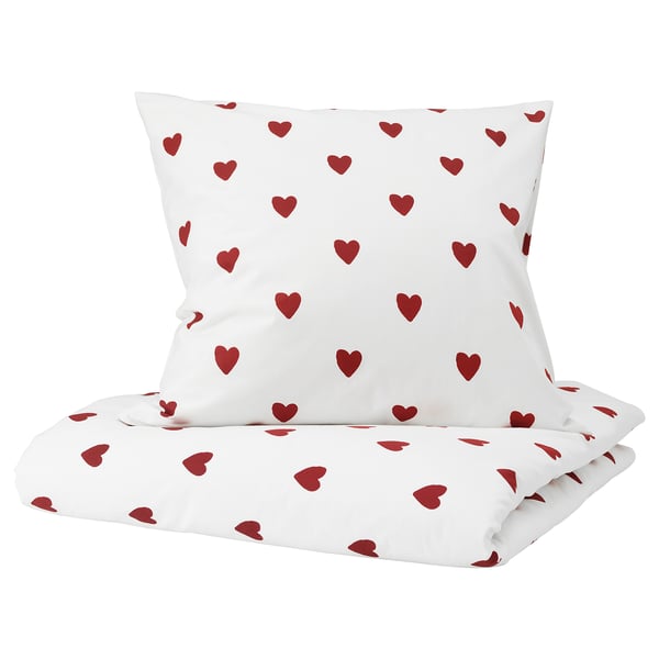 BARNDRÖM Duvet cover and pillowcase, white red/heart pattern flannel, 140x200/80x80 cm