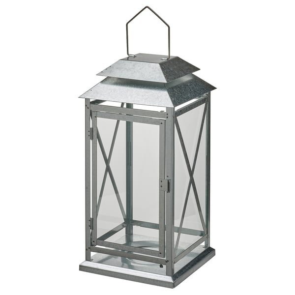 BEFÄSTA lantern, gray. Metal & glass, square, pyramid top. Indoor/outdoor use.