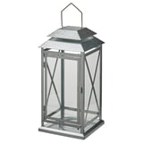 BEFÄSTA lantern, gray. Metal & glass, square, pyramid top. Indoor/outdoor use.