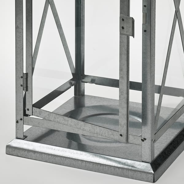Modern lantern base, metal & glass. Sturdy, galvanized steel. Perfect for indoor/outdoor use.