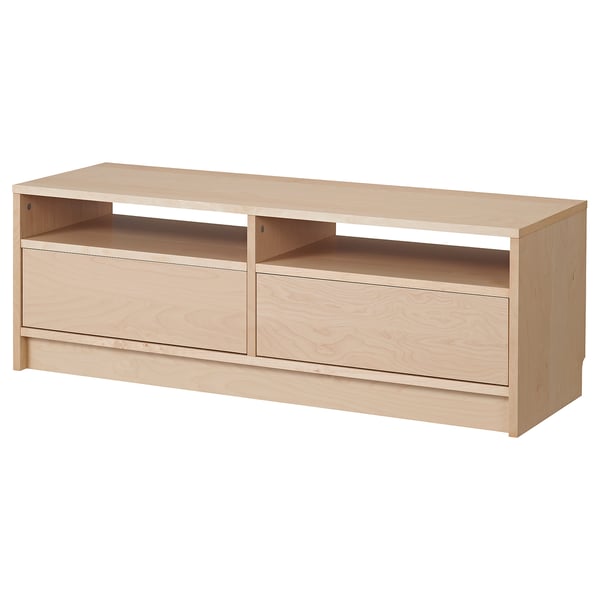 A BENNO light wood tv stand with drawers and shelves, crafted from birch veneer, featuring a minimalist design.