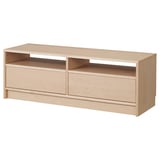 A BENNO light wood tv stand with drawers and shelves, crafted from birch veneer, featuring a minimalist design.