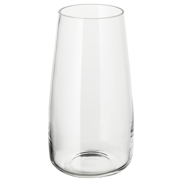Clear glass vase, cylindrical shape, simple design.