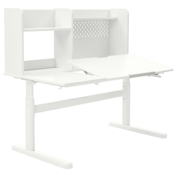 Kids adjustable desk with tilt surface, shelf, pegboard, metal legs.