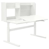 Kids adjustable desk with tilt surface, shelf, pegboard, metal legs.