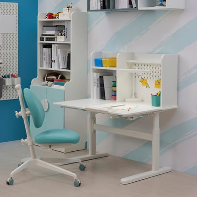 Adjustable kids desk with blue chair, shelves, and pegboard for study or crafts.