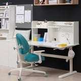BERGLÄRKA white desk, blue chair. Adjustable, tiltable with storage.
