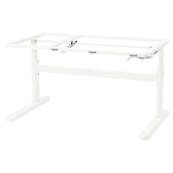 Adjustable desk frame, white, metal with plastic feet, crank handle for height.