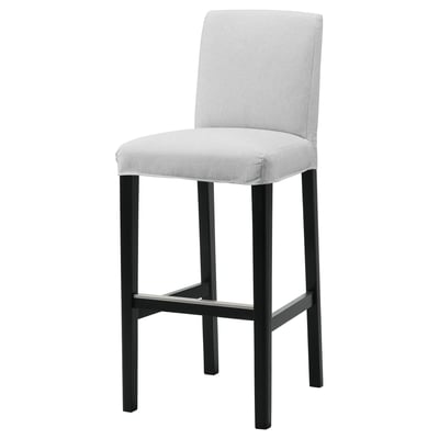 BERGMUND grey bar stool. Black metal legs, cushioned seat & back, modern design.