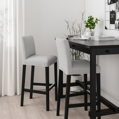 Modern grey bar stools with black metal legs and wooden floor; smaller than dining table.