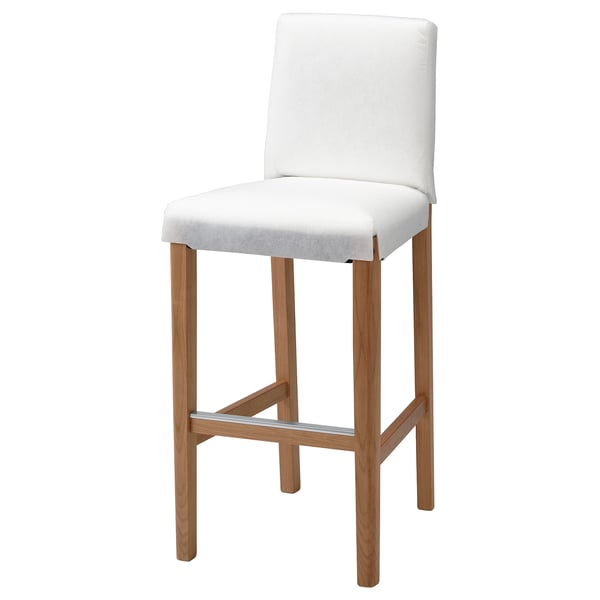 BERGMUND barstool: light wood, white fabric, rounded design, back support.