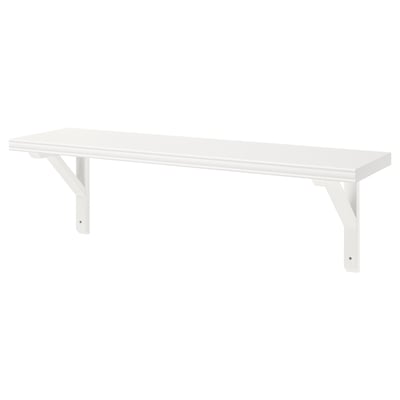 A white BERGSHULT wall shelf with a smooth and bevelled edge, supported by wooden brackets.