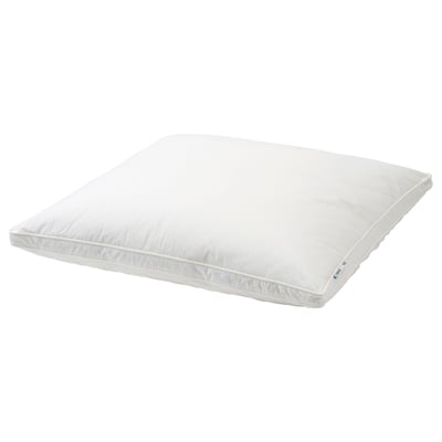 White BERGVEN pillow: soft down fill, firm feather core, cotton cover, rectangular shape.