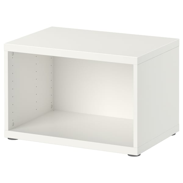 White BESTÅ storage unit, open, cube shape.