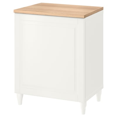 BESTÅ white storage unit, wooden top, four legs, simple design.