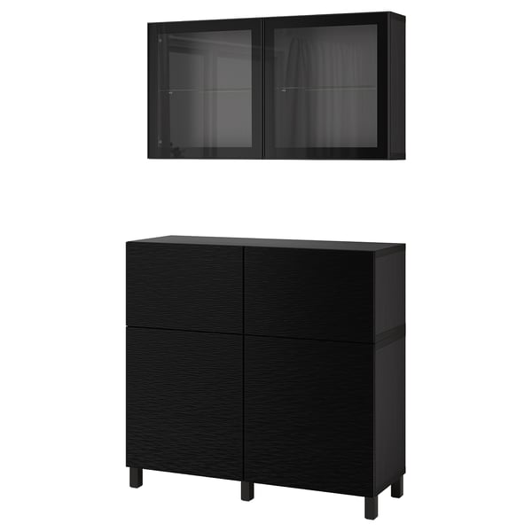 Black wooden cabinet with glass doors, offering storage and display. Two drawers and adjustable shelves.