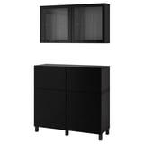 Black wooden cabinet with glass doors, offering storage and display. Two drawers and adjustable shelves.
