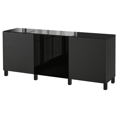 Modern black BESTÅ cabinet with glass top, wooden texture, four legs, two doors, and two drawers.