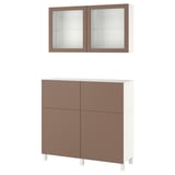 Brown and white BESTÅ storage unit: 4 doors, 2 glass, rectangular shape with adjustable shelves.