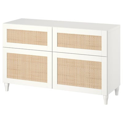 Modern white sideboard with 4 natural woven doors, adjustable shelves, and tapered legs.