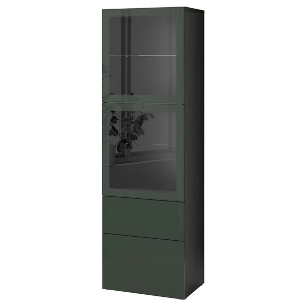 A tall, green ikea BESTÅ cabinet with glass doors, displaying and storing items neatly.
