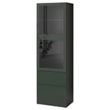 A tall, green ikea BESTÅ cabinet with glass doors, displaying and storing items neatly.