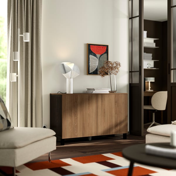 BESTÅ Storage combination with doors, black-brown/Lappviken/Stubbarp walnut effect, 120x42x75 cm