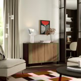 BESTÅ Storage combination with doors, black-brown/Lappviken/Stubbarp walnut effect, 120x42x75 cm
