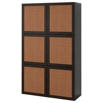 Black-brown ikea BESTÅ storage unit with woven doors & 6 compartments.