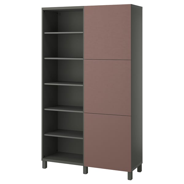 A brown IKEA BESTÅ storage unit with open and closed compartments, adjustable shelves, and soft-closing hinges.