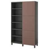 A brown IKEA BESTÅ storage unit with open and closed compartments, adjustable shelves, and soft-closing hinges.