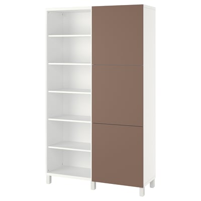 White BESTÅ bookcase, brown doors, adjustable shelves, wooden legs.