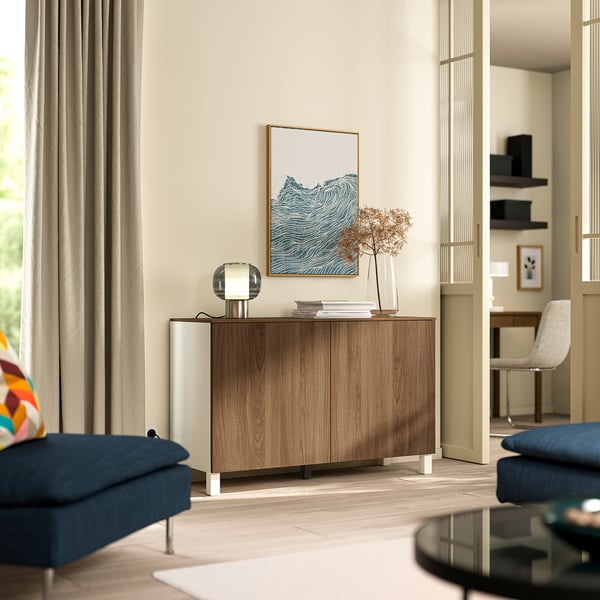 BESTÅ Storage combination with doors, white/Lappviken/Stubbarp walnut effect, 120x42x75 cm