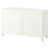 An ikea BESTÅ white sideboard with vertical panel design and rectangular shape.