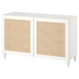 White BESTÅ sideboard with woven doors, sleek design. Perfect for storage and display.