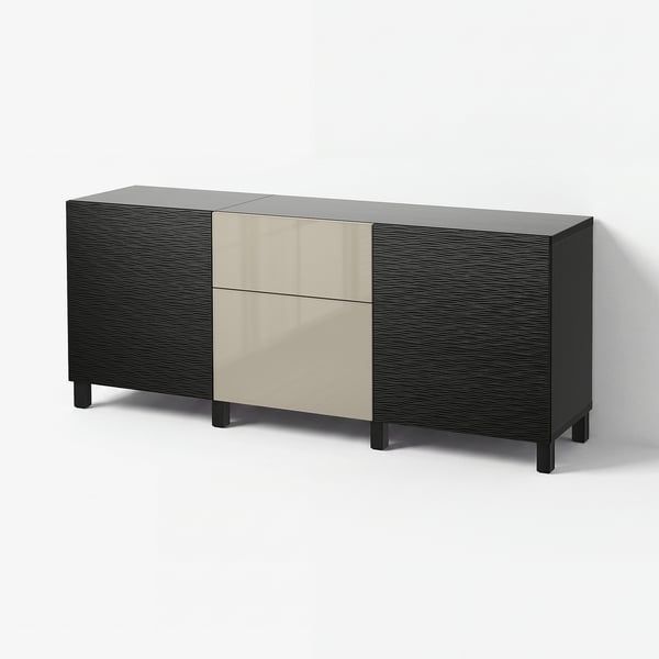 BESTÅ Storage combination with drawers, Laxviken black/Selsviken high-gloss/beige, 180x42x74 cm