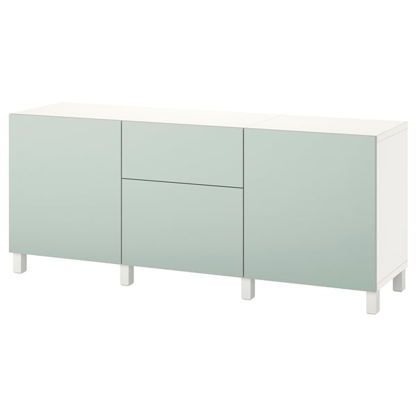 Modern white and light green BESTÅ sideboard with rectangular design and multiple compartments. Sturdy, sleek and minimalist look, sits on four legs.